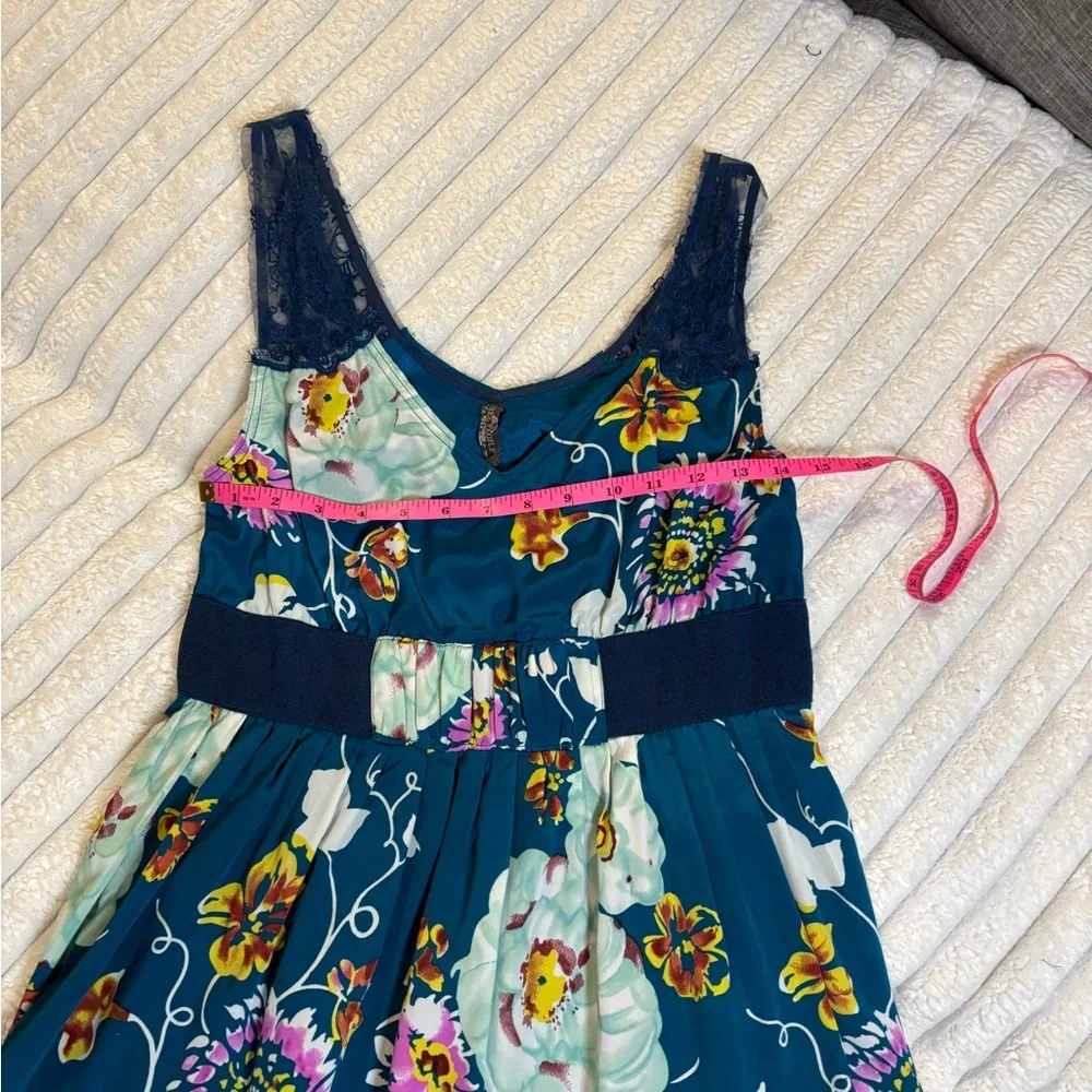 Free People Teal Floral Mini Dress with Navy Lace Trim